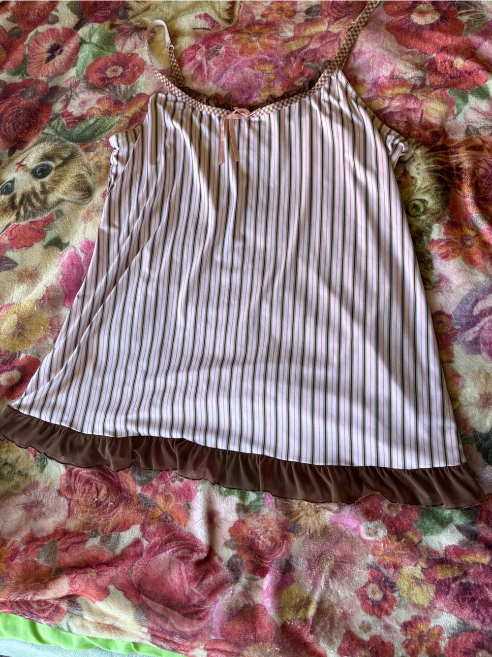 sophie b. Pink, White and Brown Striped Tank with Ruffle Trim